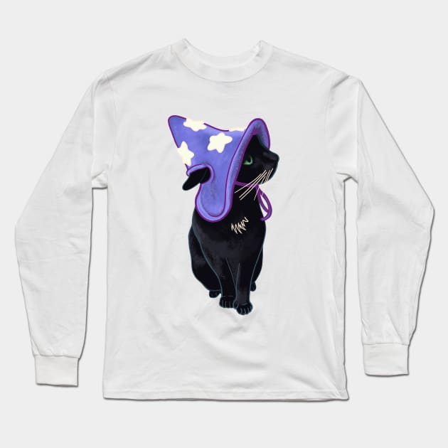 Lucky Black Cat Familiar Purple Witch Costume Halloween Pet Portrait Long Sleeve T-Shirt by fiatluxillust